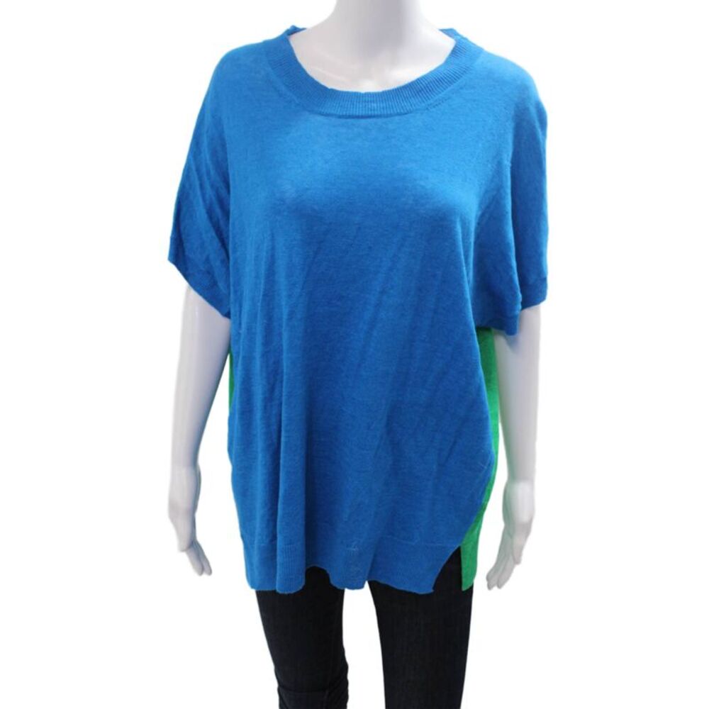 Eolas Womens Solid Blue 100% Linen Crew Neck Short Sleeve Top Size L